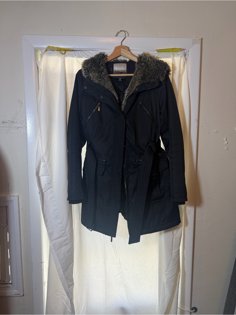 Kensie Black Trench Coat with Faux Fur Trim Hood